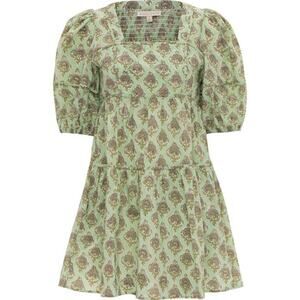 Anna Cate Harper Dress Mint Green Block Print Cotton Mini Puff Sleeve XS